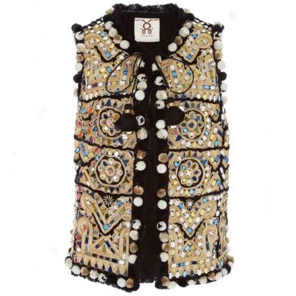 Figue Onyx Embellished Cosmo Vest Tassels with Pom Poms Size L - Picture 1 of 16